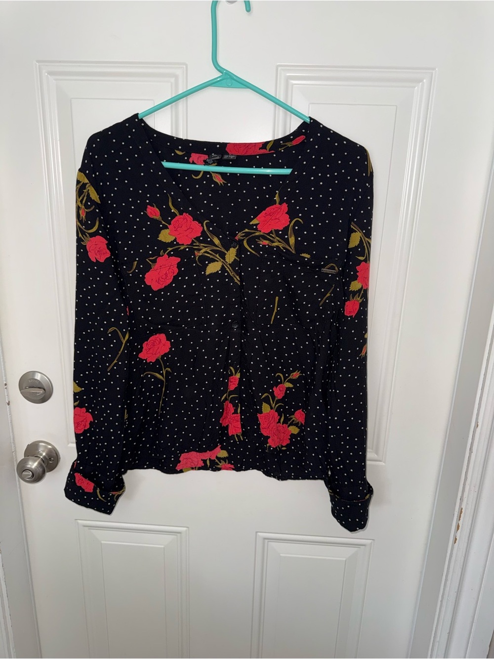 Volcom Black Blouse with Red Rose Print
